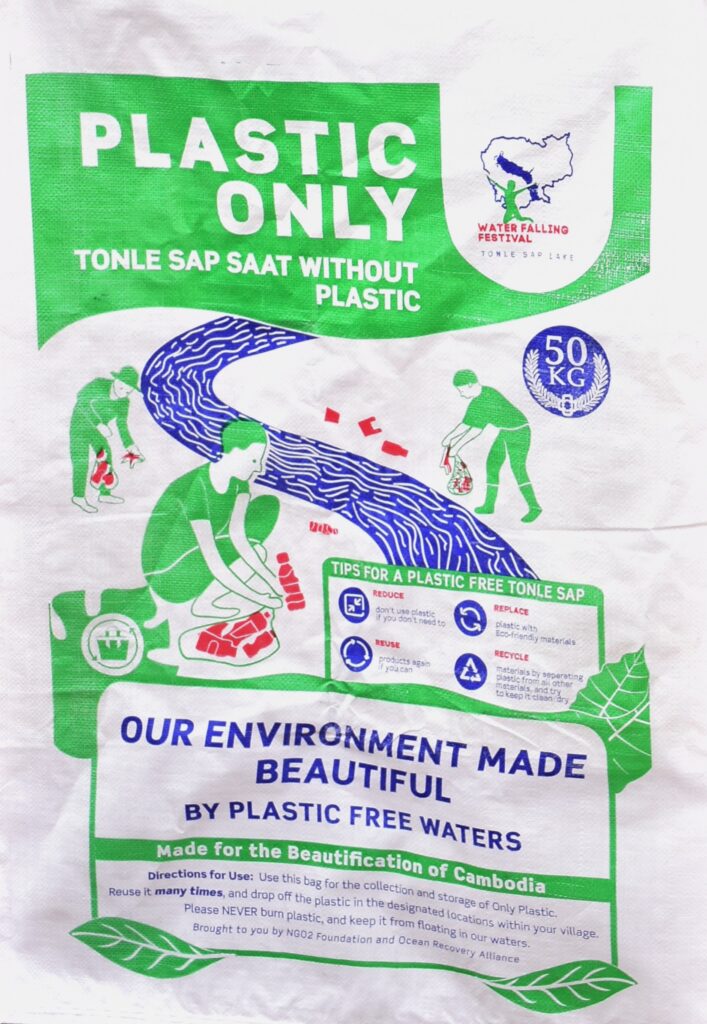 The Plastic Only collection bag, printed in English and Khmer